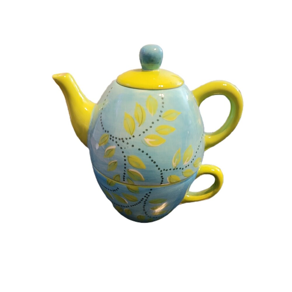 Stacked Tea/Coffee Pot & Cup Set Blue & Lime Green Leaf Accents Display Clay Art